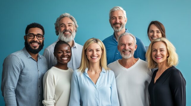 Business team photo, 8, diverse ages, business portrait, professional, dedicated, innovative, cohesive, confident, blue background