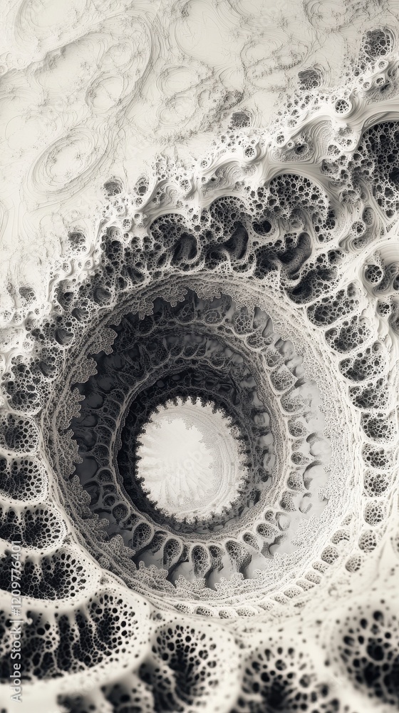 Poster abstract grayscale fractal art depicting a swirling vortex