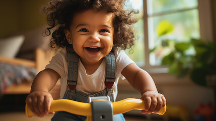 joyful toddler riding yellow tricycle, smiling brightly in cozy room filled with natural light. child has curly hair and is wearing denim overalls, creating cheerful atmosphere