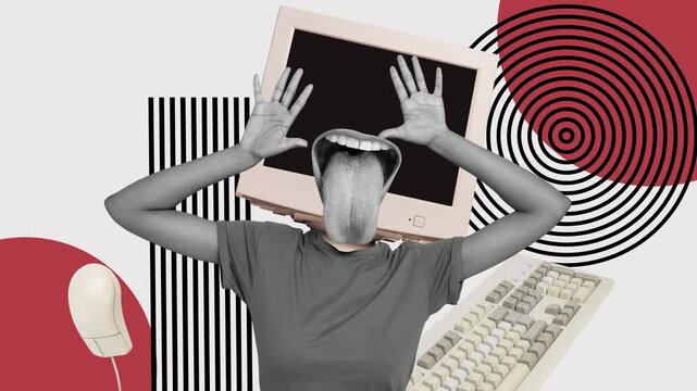 Motion poster art collage video of anonym girl instead head pc monitor screen show tongue mock brainwash keypad mouse