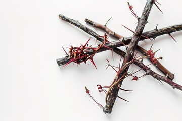 Jesus Crown Thorns and nails and cross on a white background. Crucifixion Of Jesus Christ. Passion Of Jesus Christ. Concept for faith, spirituality and religion.