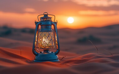 Illuminated lantern in desert sunset.
