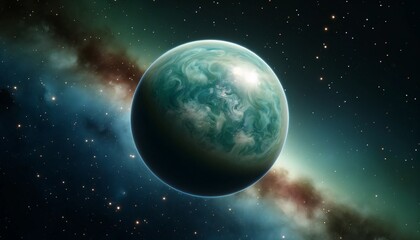 Obraz premium Green planet with swirling cosmic clouds