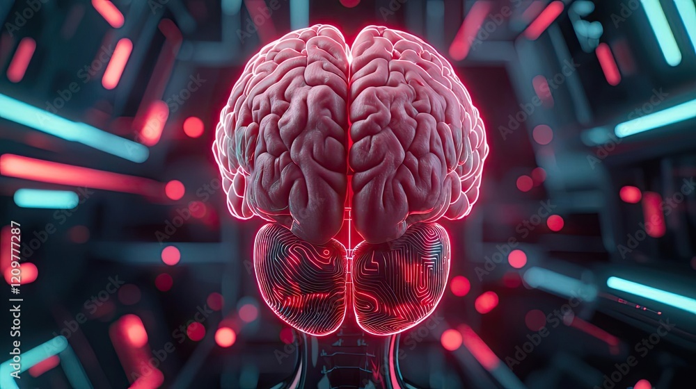 Poster ai diagnostics idea. futuristic representation of a brain in a digital environment with glowing effe