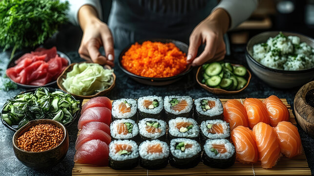 Fresh sushi preparation with various ingredients like salmon, tuna, and vegetables, showcasing vibrant colors and meticulous arrangement