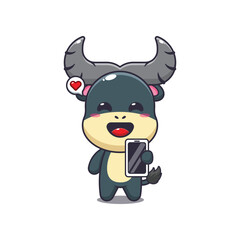 buffalo mascot cartoon character vector illustration with mobile phone.