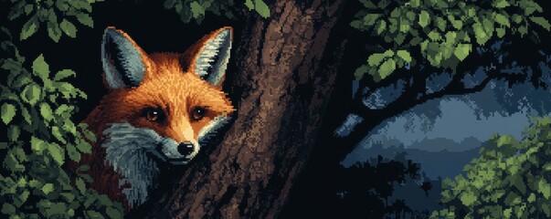 A pixel art illustration of a mischievous red fox peeking out from behind a tree, its curiosity piqued.
