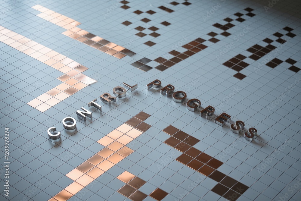 Aufkleber control and progress are shown on a grid with copper tiles, symbolizing monitored advancement.