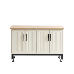 Modern white storage cabinet with wooden top and stylish handles for home organization.