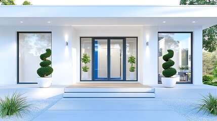 Fototapeta premium Modern House Entrance White Exterior Glass Doors Landscaping
