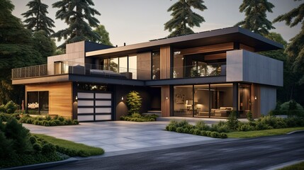 Fototapeta premium Modern eco-friendly house large windows, and a wooden deck, set in a serene natural landscape