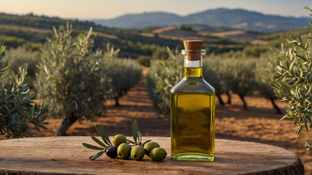 Golden olive oil bottle on a wooden surface surrounded by lush olive trees in a sunlit orchard