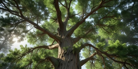 Fototapeta premium Evergreen tree with branches stretching towards the ceiling and lush green needles , evergreen tree, snow covered, winter wonderland
