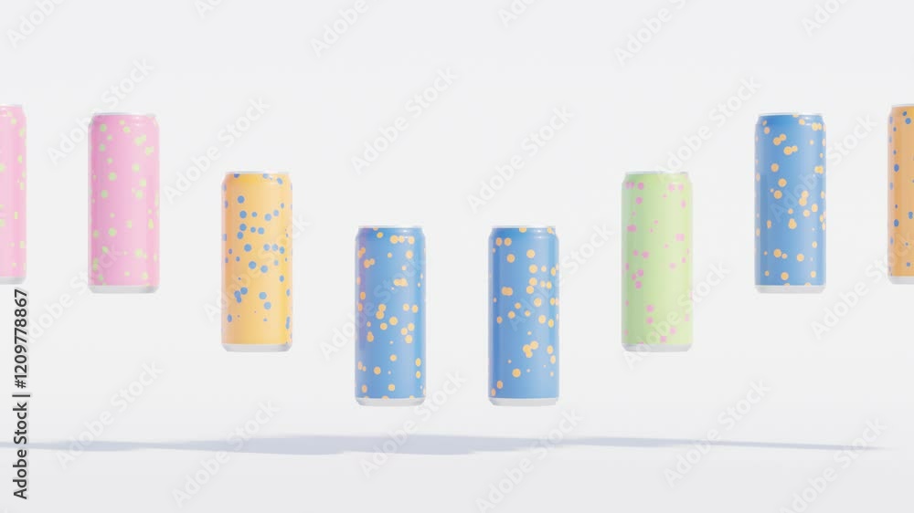 Poster vibrant 3d soda cans lined up and rising in a smooth wave motion – abstract minimalist loop for dyna