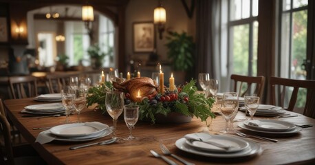 Feast on a large dining table with multiple courses, dining table, elaborate spread, feast