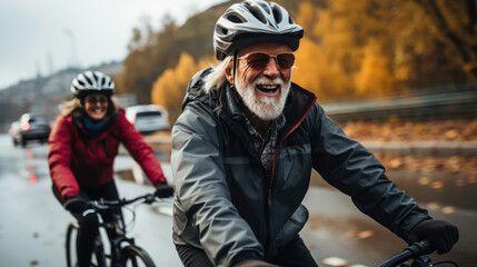 Elderly couple cycling together on rainy day, enjoying moment. Their smiles reflect joy and companionship amidst autumn scenery