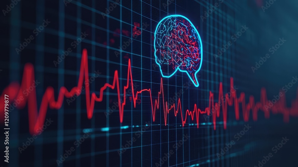 Poster ai diagnostics concept. abstract visualization of brain activity and heartbeat on a digital monitor.