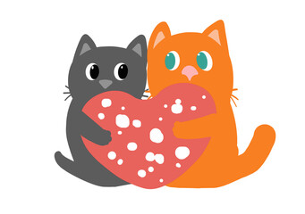 Cartoon ginger cat and black kitten hugging a heart-shaped sausage slice together for funny love story and valentine card.