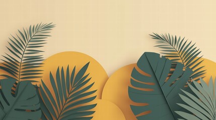 A vibrant modern illustration featuring lush green leaves against a soft beige background with circular shapes in warm colors, perfect for tropical-themed designs.