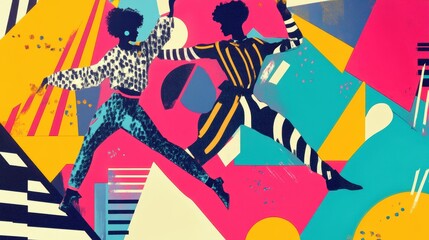 Two Women Leap Joyfully Through Abstract Geometric Shapes