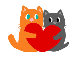 Cartoon ginger cat and black kitty hugging red heart together for  valentine love story and wedding.