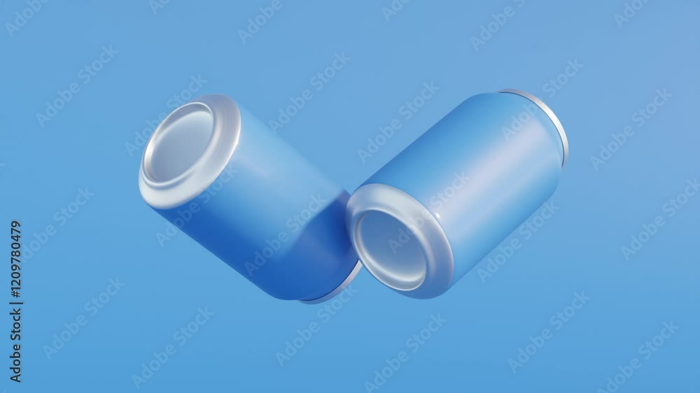 Poster two shiny blue 3d soda cans rotating on a seamless loop – abstract metallic animation for refreshing
