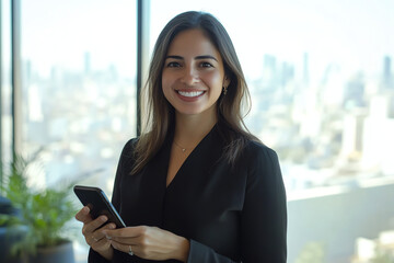 Fototapeta premium Professional woman smiling and using smartphone in modern office with city view