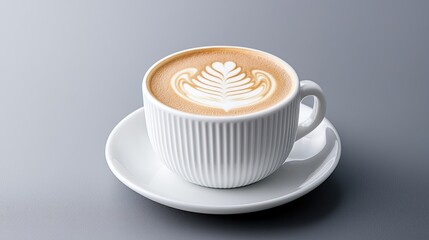 Latte art coffee cup on saucer, gray background, cafe setting, food photography