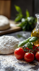 Basil, tomatoes, and flour on a rustic kitchen table for pizza making