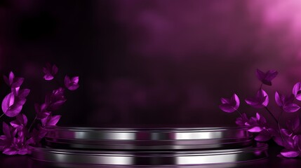 A dynamic podium in chrome with a dark purple gradient background, offering space for products.