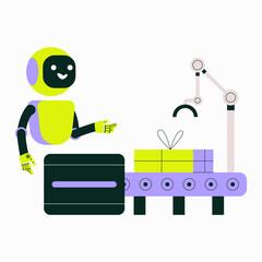 Robot Packing Gifts In Flat Vector Illustration Symbolizing Automation, Robotics, And Future Technology, Isolated On White Background.