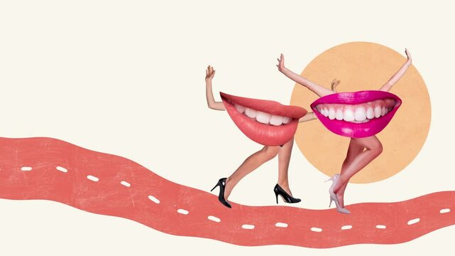 Creative motion collage video of two happy friends instead body moth smile teeth whitening care dentistry walk road
