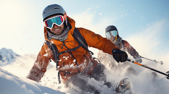 Skiing man in orange jacket enjoys winter sports with friend, showcasing excitement and adventure in snowy mountains