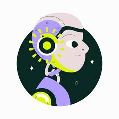 Robot Profile With Gears And Lights In Flat Vector Illustration Symbolizing Technology, Innovation, And Artificial Intelligence, Isolated On White Background.