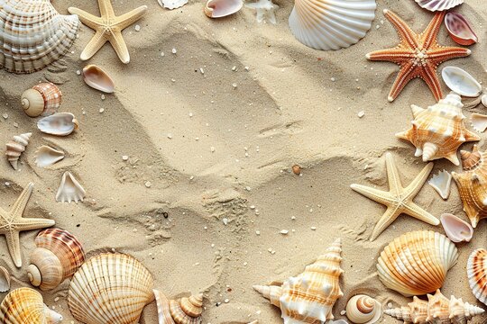 Top view of a sandy beach with collection of seashells and starfish as natural textured background for aesthetic summer design
