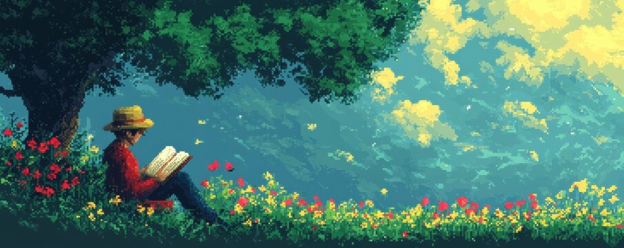 A pixel art illustration of a pixelated reader engrossed in a book, their mind transported to pixelated faraway lands and fantastical stories.