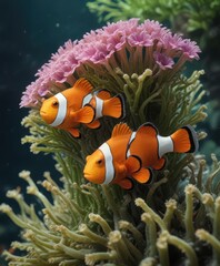 Clown fish inside the anemone's tentacles with algae growing on its body, sea creature, oceanic environment, clownfish species