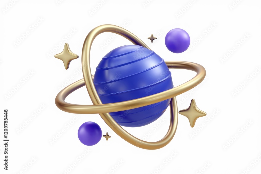 Poster a 3d rendering of a blue planet with gold rings and purple moons, representing a celestial system.