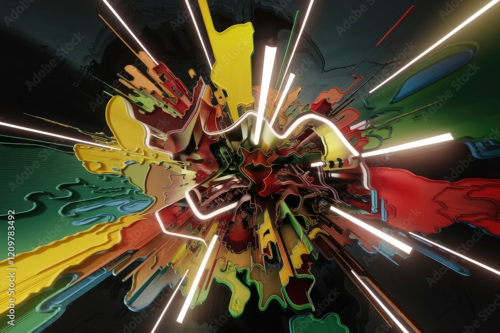 Poster Abstract colorful explosion with vibrant shapes and glowing lines, creating a dynamic and energetic visual.