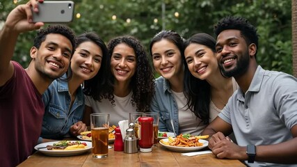 Selfie, friends and group with diverse people, celebration and party at restaurant for memory, together and smile. Happy, meeting and casual with food, meal for event and lifestyle with gathering - Powered by Adobe