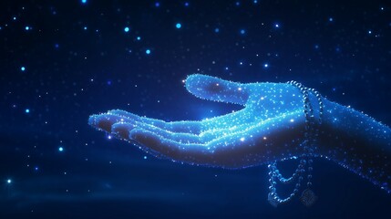Hands of a praying Muslim woman under a night sky with stars and moonlight, close-up view