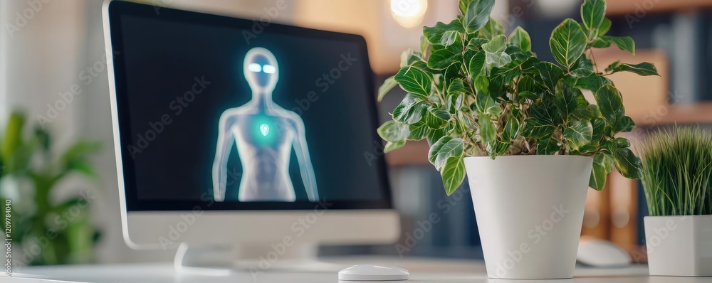 Poster remote health concept. a modern workspace with a computer displaying health technology and indoor pl