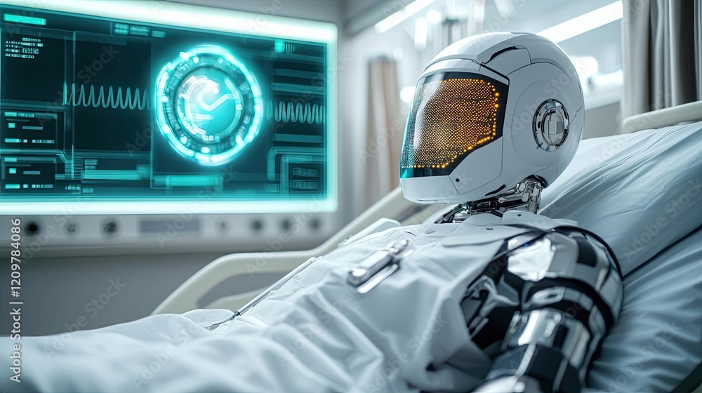 Poster ai diagnostics idea. futuristic robot in a hospital setting monitors advanced medical technology.