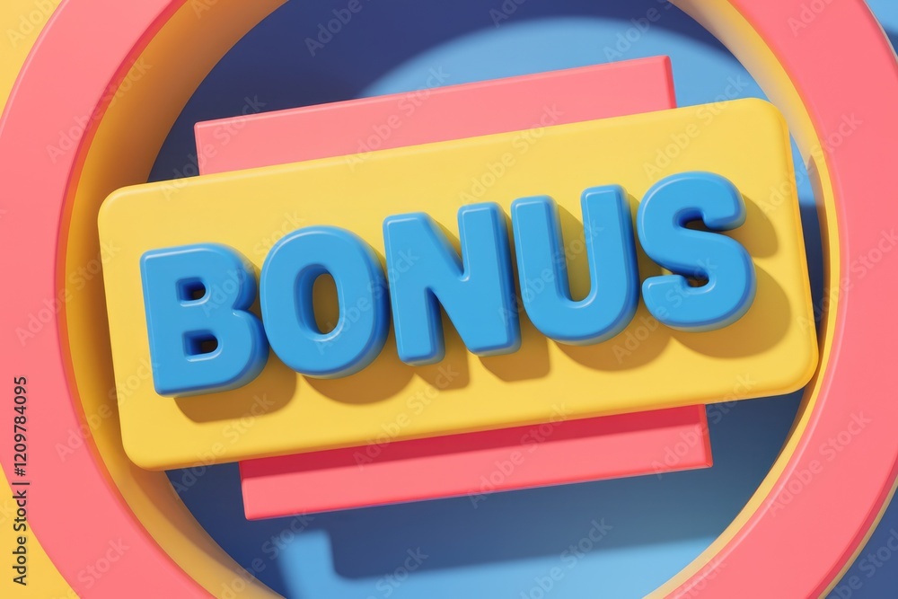 Poster 3d rendered bonus word with pastel colors and circular shapes in the background.