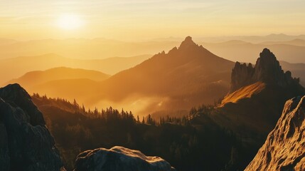 Panoramic view of the Tatra Mountains, sunset light, mountains in summer, sunset in high peaks