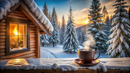 Cozy cabin nestled among the snow-covered trees with a warm fireplace crackling and a cup of hot cocoa steaming on the windowsill, peaceful hideaway, rustic charm, steamy window