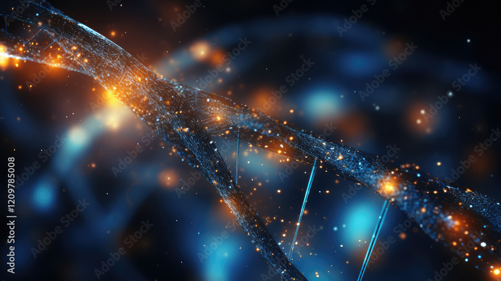 Poster digital representation of dna strands with glowing particles and abstract background, showcasing com
