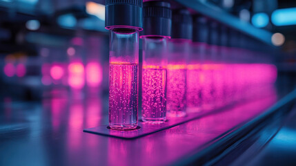 A modern lab setup with test tubes containing glowing bioluminescent liquids