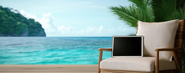 Fototapeta premium Telemedicine healthcare access idea. A peaceful view of the ocean from a cozy chair with a laptop for remote work.