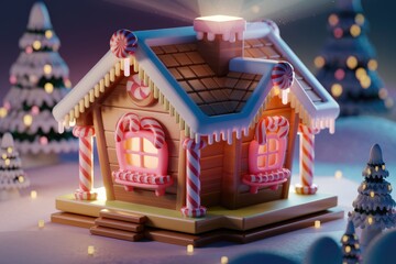 A charming, illuminated gingerbread house adorned with candy canes sits amidst a snowy, festive Christmas scene.